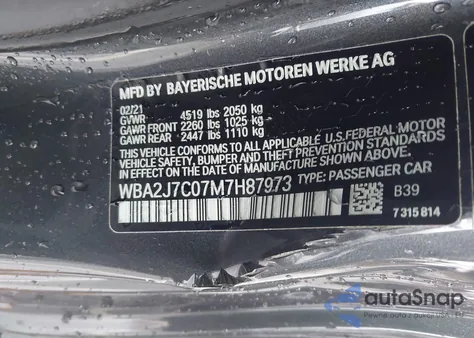 2021 BMW M240I xDrive from USA, damaged, VIN WBA2J7C07M7H87973